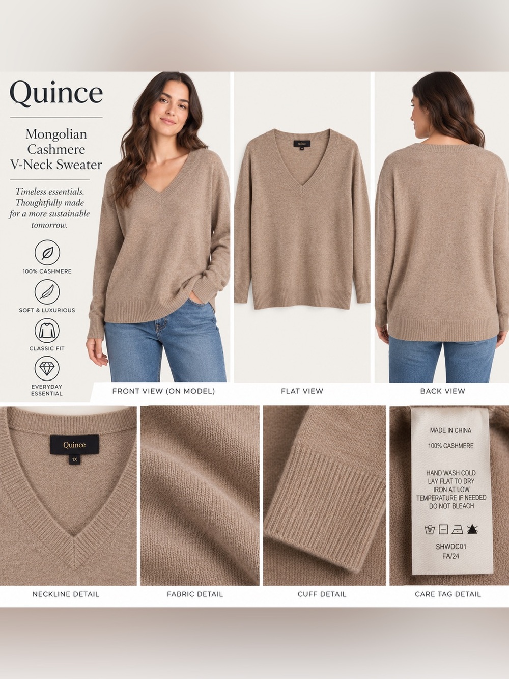 Quince Women's Mongolian Cashmere V-Neck Sweater in Taupe